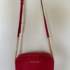 Michael Kors Red Saffiano Leather Crossbody with Gold Chain